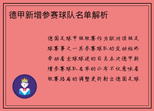 德甲新增参赛球队名单解析