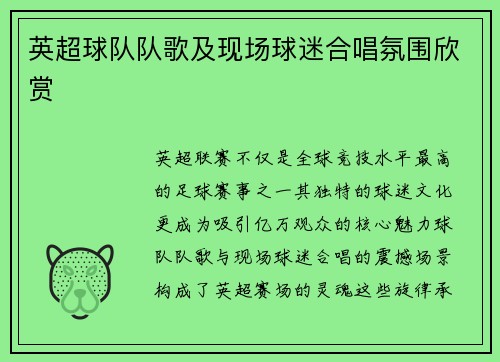 英超球队队歌及现场球迷合唱氛围欣赏